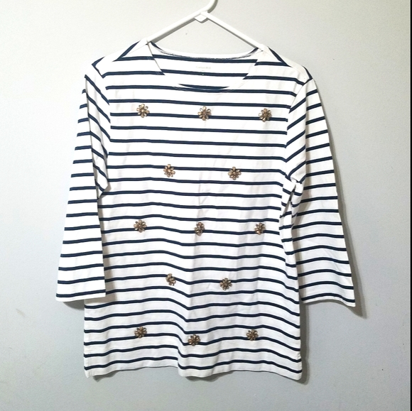 Garnet Hill medium Top Navy Blue Stripes Gems Nautical Preppy Fisherman‎ - Picture 1 of 4